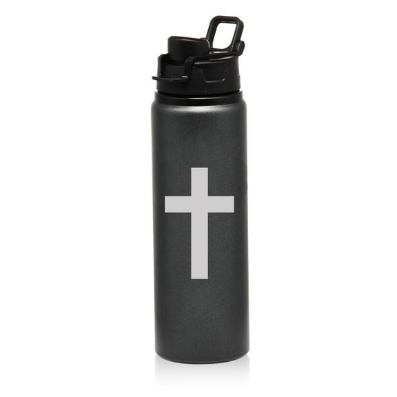 25 oz Water Bottle Sports Travel Mug Cross Christian (Charcoal)