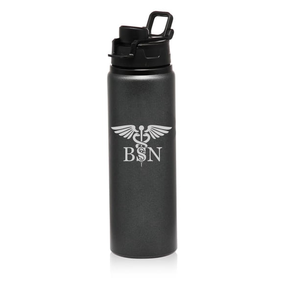 25 oz Water Bottle Sports Travel Mug Gift BSN Bachelor of Science Nurse Caduceus (Charcoal)