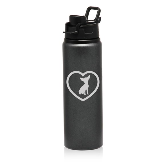 25 oz Water Bottle Sports Travel Mug Gift Chihuahua Heart (Charcoal)