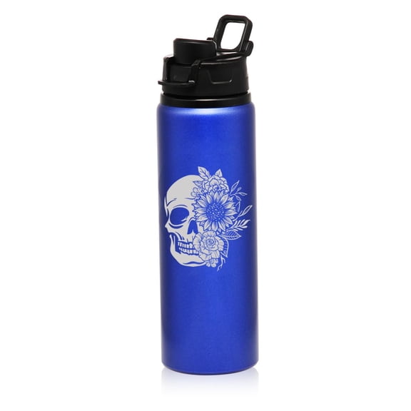 25 oz Water Bottle Sports Travel Mug Gift Floral Skull (Blue)