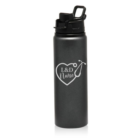 25 oz Water Bottle Sports Travel Mug Gift Heart Stethoscope L&D Nurse Labor Delivery (Charcoal)