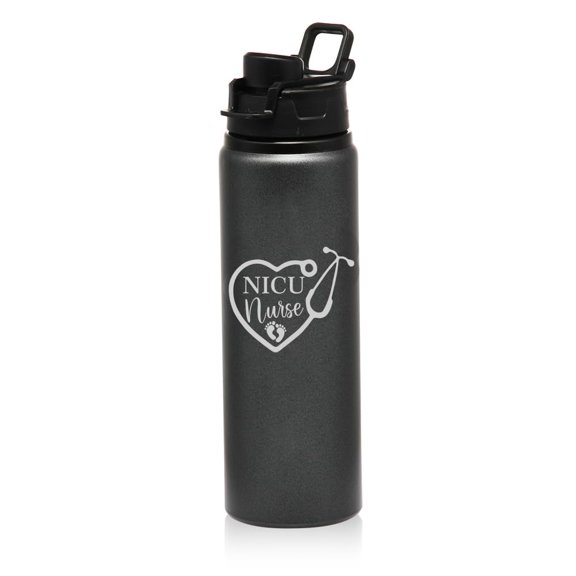 25 oz Water Bottle Sports Travel Mug Gift Heart Stethoscope NICU Nurse Neonatal (Charcoal)