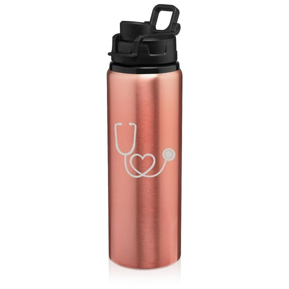 25 oz Water Bottle Sports Travel Mug Gift Heart Stethoscope Nurse Doctor (Rose Gold)