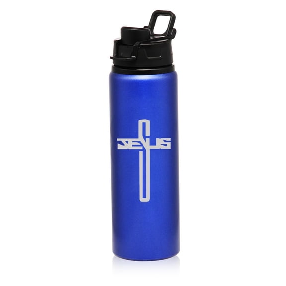 25 oz Water Bottle Sports Travel Mug Gift Jesus Cross (Blue)