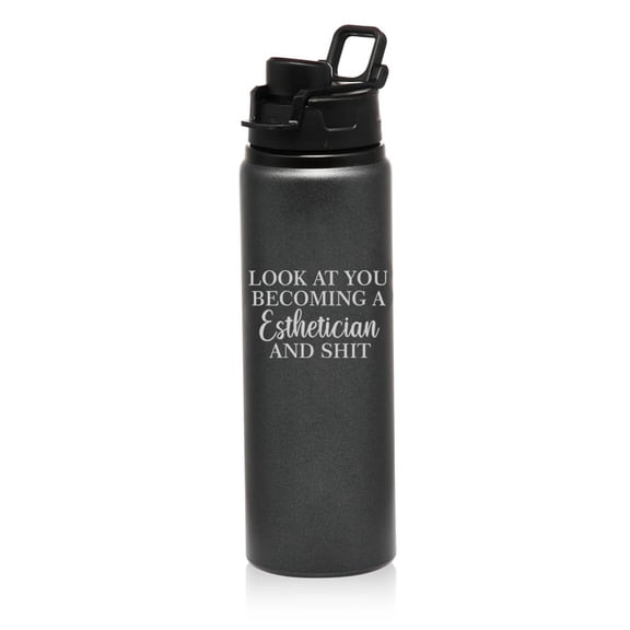 25 oz Water Bottle Sports Travel Mug Gift Look At You Becoming A Esthetician Funny Make Up Artist (Charcoal)