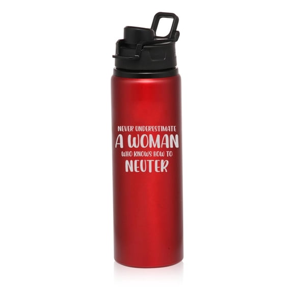 25 oz Water Bottle Sports Travel Mug Gift Never Underestimate A Woman Who Know How To Neuter Funny Veterinarian Vet Tech (Red)