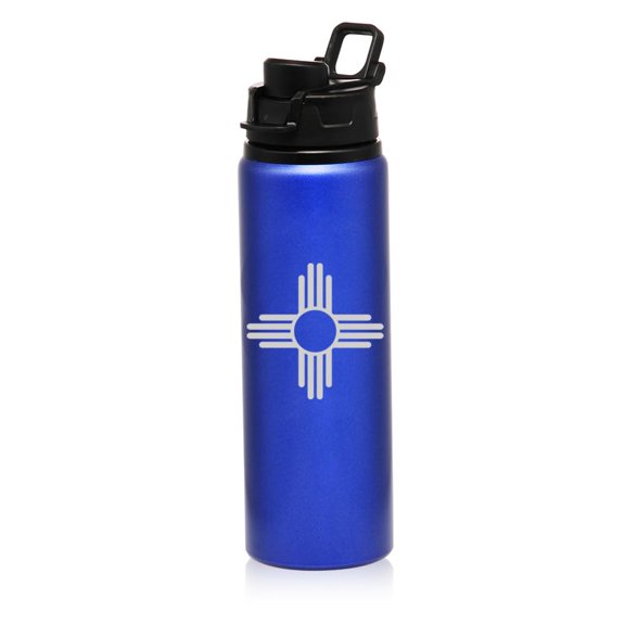25 oz Water Bottle Sports Travel Mug Gift New Mexico Sun Symbol (Blue)