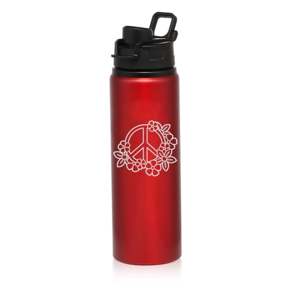 25 oz Water Bottle Sports Travel Mug Gift Peace Sign with Flowers (Red)