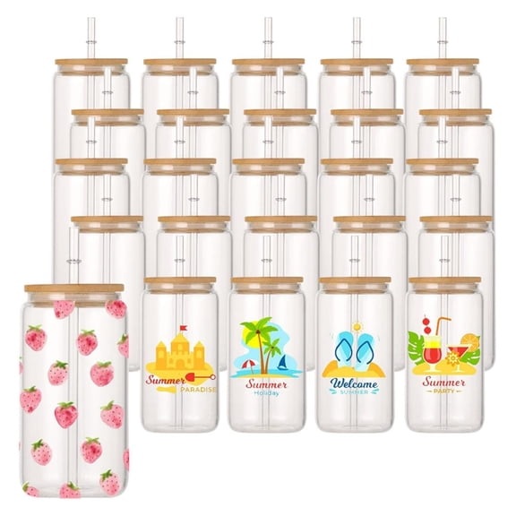 25 pack 16 oz Clear Can Shaped Sublimation Glass with Bamboo Lid and Straw,Can Shaped Transparent Sublimation Blanks for Iced Coffee Juice Soda Drinks