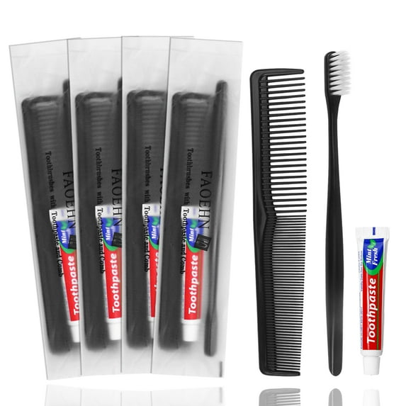 25 pack Black Disposable Toothbrushes with Toothpaste and Comb,10g Toothpaste,7inch Hair Comb,Individually Wrapped Travel Toothbrush Kit in Bulk Toiletries for Adults,Hotel,Homeless,Home,Charity