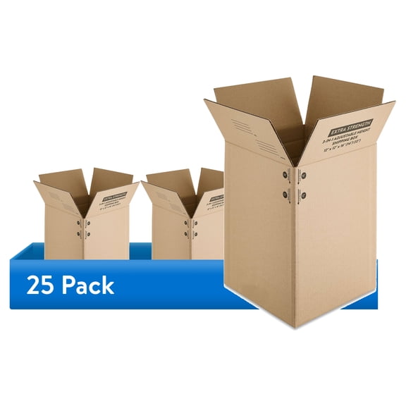 (25 pack) Pen+Gear Adjustable 3-in-1 Multi-Depth Shipping Box, 12" x 12" x 16", 1 Count