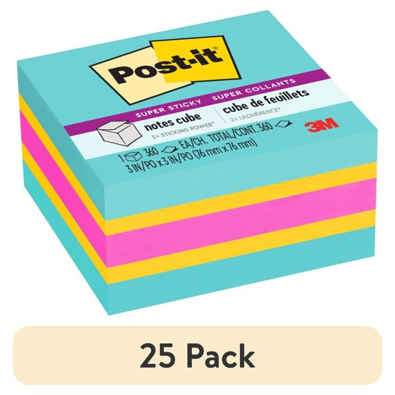 (25 pack) Post-it Super Sticky Notes Cube, 3 in x 3 in, Bright Colors, 1 Cube