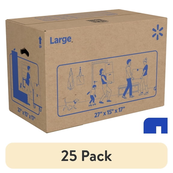 (25 pack) Walmart Large Moving Box, Kraft, 27 in L x 15 in W x 17 in H