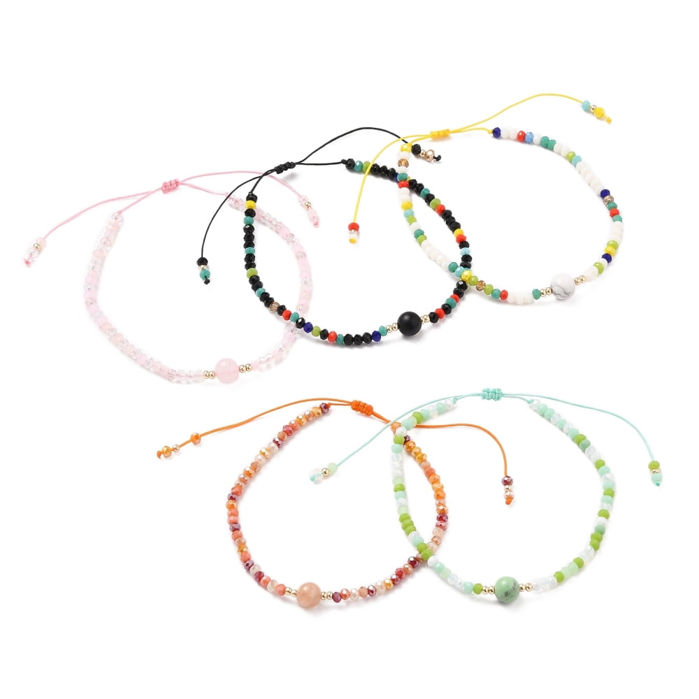 25 pc Adjustable Nylon Thread Bead Bracelets with Round Natural ...