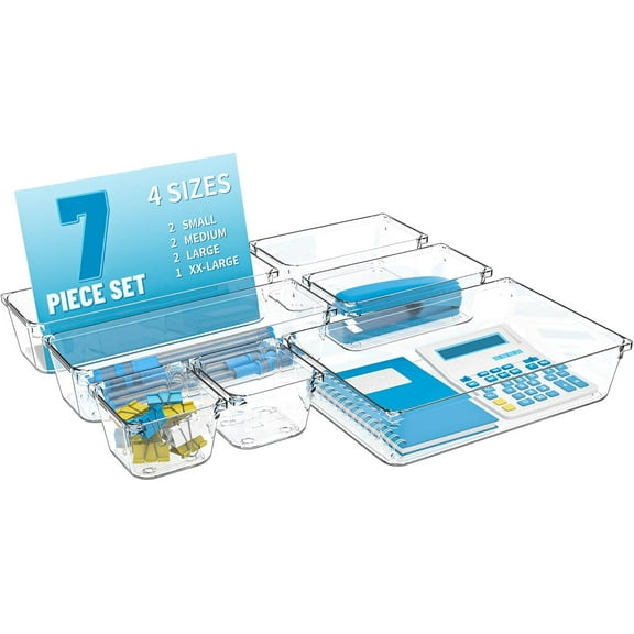 25 pc Clear Plastic Drawer Organizer Set,4 Size Small Storage Containers for Organizing Jewelry,Utensil,Junk,Tea,Makeup,Shallow Drawer Organizers Tray Suitable for Office,Desk,Bathroom,Vanity,Kitchen