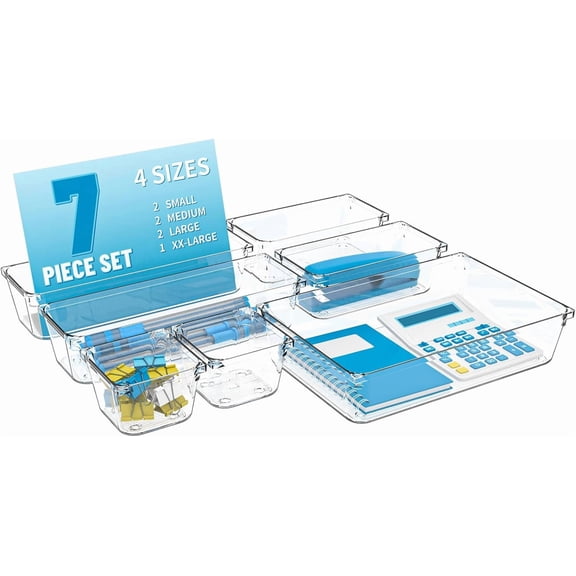 25 pc Clear Plastic Drawer Organizer Set,4 Size Small Storage Containers for Organizing Jewelry,Utensil,Junk,Tea,Makeup,Shallow Drawer Organizers Tray Suitable for Office,Desk,Bathroom,Vanity,Kitchen