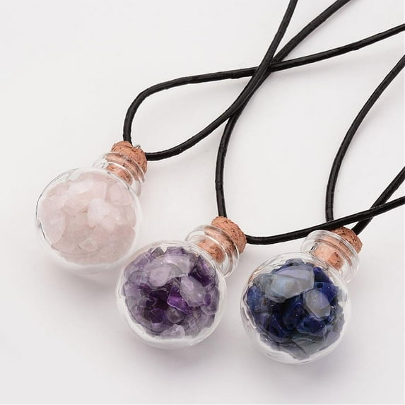 25 pc Glass Wishing Bottle Leather Cord Pendant Necklaces with Natural Gemstone Chip Beads 16.54 inch Mixed Stone