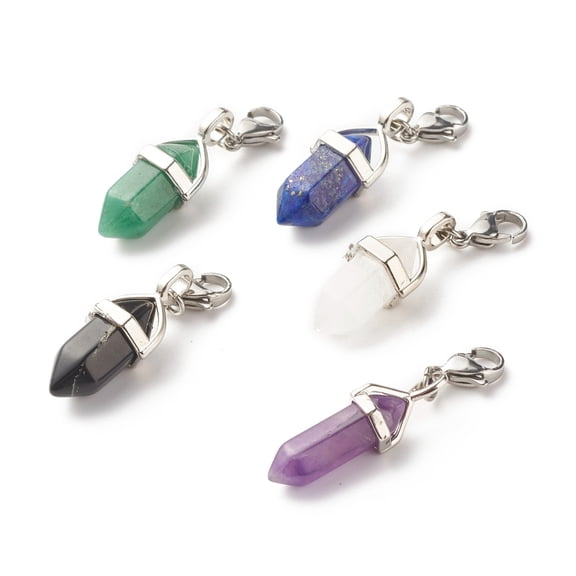 25 pc Natural Bullet-shaped Gemstone Pendant Decorations 304 Stainless Steel Jump Rings and Lobster Claw Clasps 42mm