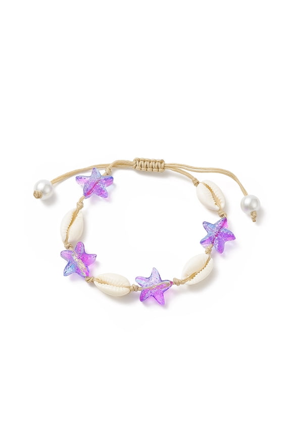 25 pc Natural Cowrie Shell & Glass Starfish Bead Bracelet for Women Mixed color Inner Diameter: 1-5/8~3 inch(4.2~7.7cm)