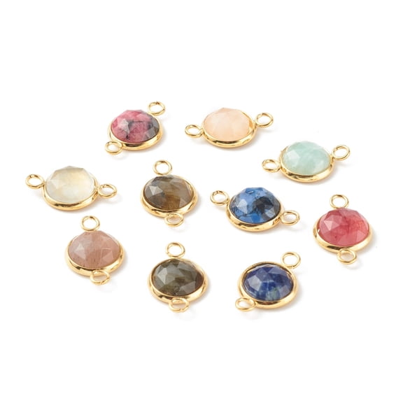 25 pc Natural Mixed Gemstone Links Connectors with Golden 304 Stainless Steel Findings Faceted Flat Round 19x12x4.5mm Hole: 2.5mmDIY
