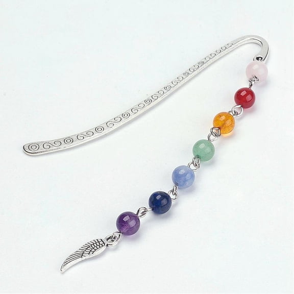 25 pc Tibetan style Alloy Bookmarks with Mixed Gemstone Beads Chakra Theme Wing Antique Silver 83.5x13x1.5mm