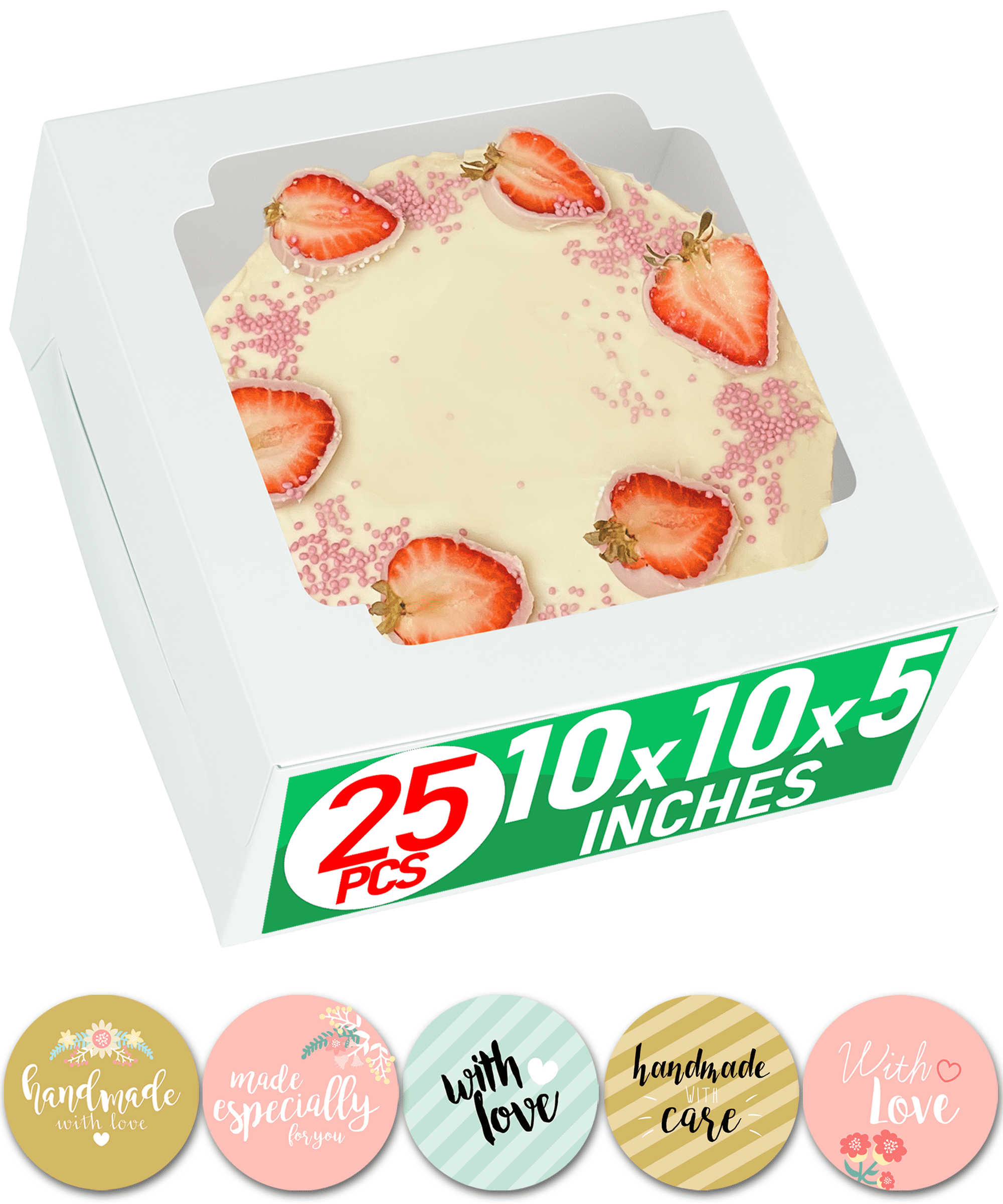25-Pack White Square Bakery Boxes With Window – 10x10x5 Inches, P PLUSPLUS, Free Shipping