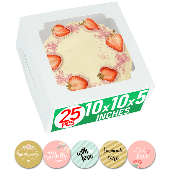 25 pcs Cake Boxes, 10x10x5 Inches Cake Box with Window, White Bakery Boxes, Large Baking Boxes, Square Cardboard Cake Box for Cakes, Baked Goods, Cake Decorating Supplies for Gift Giving