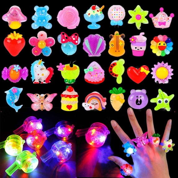 25 pcs Light Up Toy 3D Rings and 8 pcs light up whistles Party Favors for Birthday Party Favors, Classroom Rewards, Party Gifts, Light Up Party Supplies