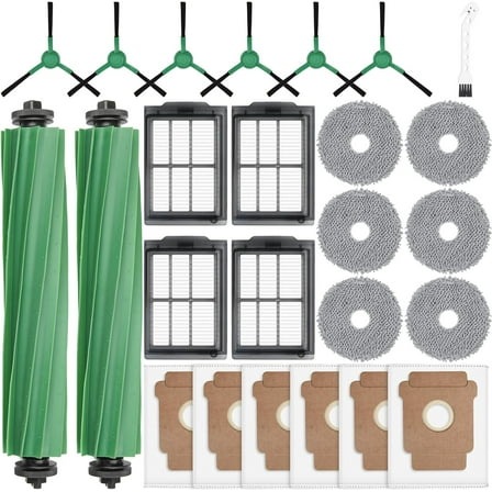25 piece set suitable for iRobot Roomba Plus 405 Combo/505 Combo robot vacuum cleaner, replacement parts include 2 main brushes, 6 dust bags, 6 mops, 4 filters, 6 side brushes, and 1 cleaning tool
