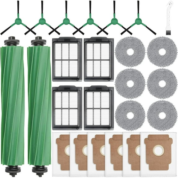 25 piece set suitable for iRobot Roomba Plus 405 Combo/505 Combo robot vacuum cleaner, replacement parts include 2 main brushes, 6 dust bags, 6 mops, 4 filters, 6 side brushes, and 1 cleaning tool