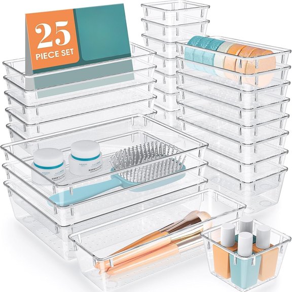 25 pieces of transparent plastic drawer finishing box set, 4 specifications, suitable for desktop, drawer partition storage box and storage box for cosmetics, jewelry, gadgets