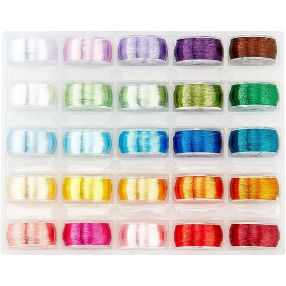 25 rolls 25 colors Polyester High Gloss Single-Strand Thread with Plastic Bobbin for Hanfu Hairpin Accessories Mixed color 0.1mm about 65.62~76.55 Yards(60~70m)/roll 1 roll/color Polyester