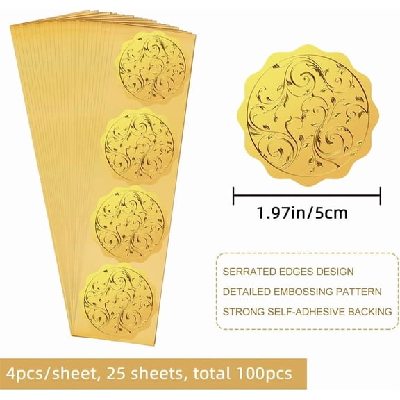 25 sheet 100PCS 2inch Vine Gold Foil Certificate Seals Gold Embossed Gold Foil Stickers Self Adhesive Embossed Seals Gold Envelope Seals Stickers for Diplomas Awards Graduation Envelopes
