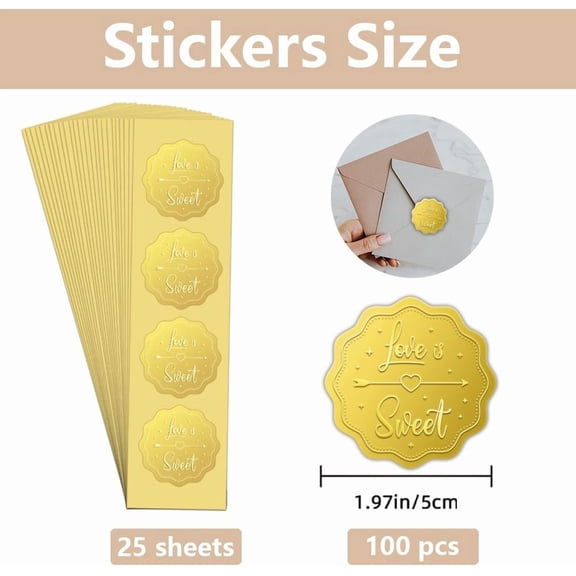 25 sheet 100Pcs Love is Sweet Gold Foil Stickers 2 Inch Heart Pattern Gold Embossed Envelopes Seals Round Self Adhesive Certificate Seal Labels for DIY Crafts Wedding Party Invitations Greeting Cards