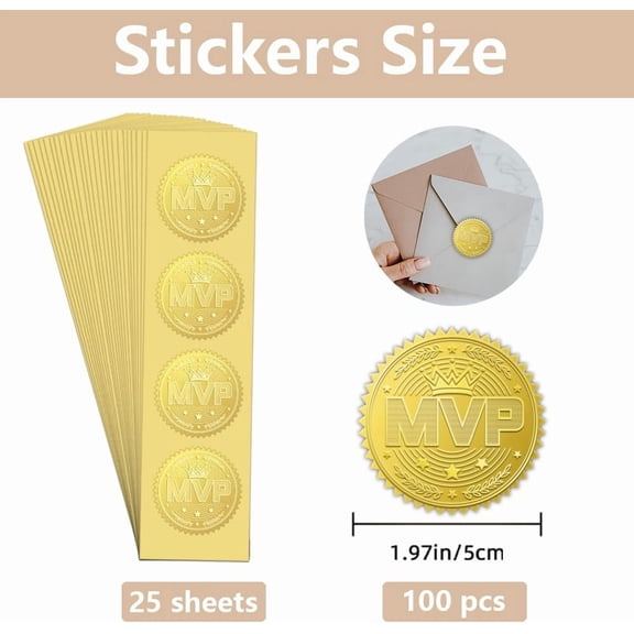 25 sheet 100Pcs MVP Crown Gold Foil Stickers 2 Inch Diplomas Medal Embossed Envelopes Seals Round Self Adhesive Certificate Seal Labels for DIY Crafts Greeting Cards Award Party Contests Graduation