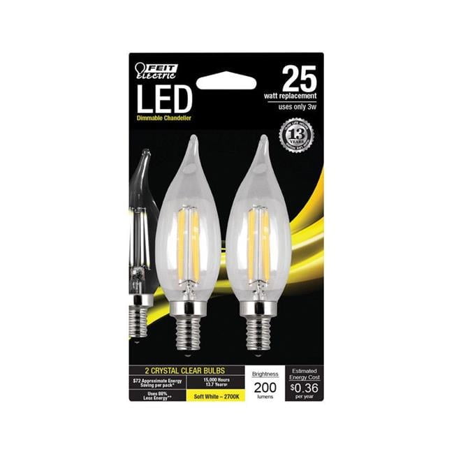 Feit Electric 25W Equivalent Clear Dimmable LED Candelabra Bulbs, 2-Pack