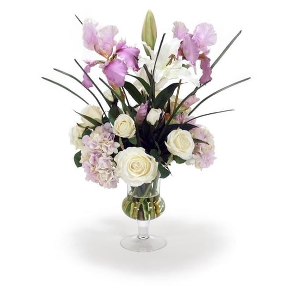 25 x 22 x 17 in. Unisex Cream - White & Lavender Hydrangea with Lavender Iris in Glass Urn - Purple