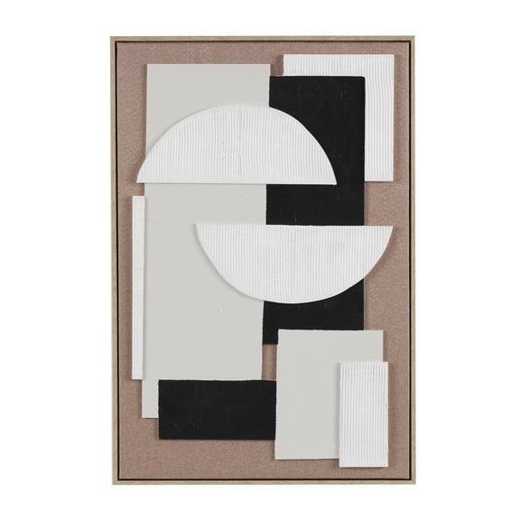 25" x 37" Textured Geometric Framed Wall Art with Abstract Black and White Shapes and Fabric Backing, by DecMode