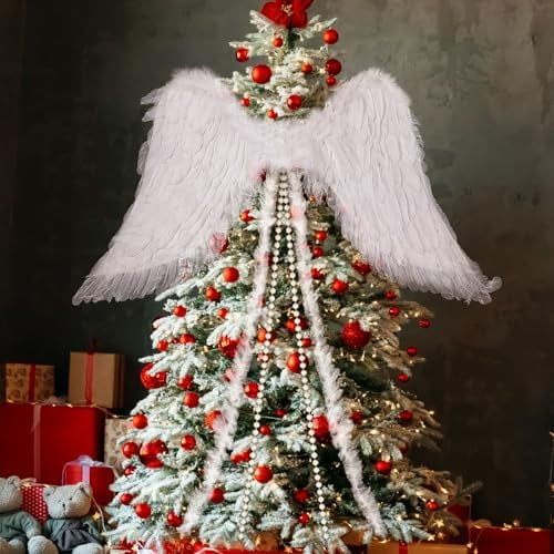 25 x 43 Inches Christmas Angel Shaped Large Wing Ornament Angel Feather Wings with Feather Ribbon and Long Pearl Chains Hanging Decor Xmas Tree Topper for Xmas Holiday