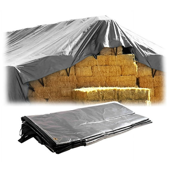 25' x 48' Heavy Duty 8oz Hay Tarps - 14.5 mil Waterproof Poly Tarpaulin with UV & Frost Resistance, Silver/Black, Tear-Proof Cover for Agriculture, Equipment