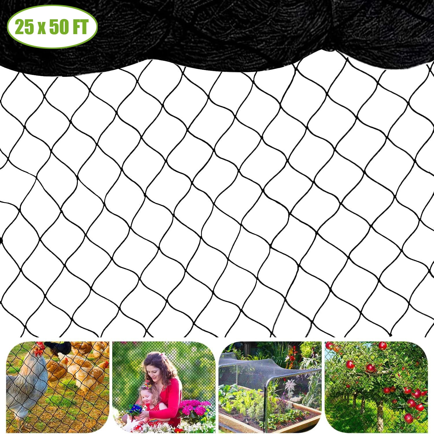25 x 50 ft Bird Netting for Garden Netting with 2 in Square Mesh,Reusable Chicken Wire,Nylon