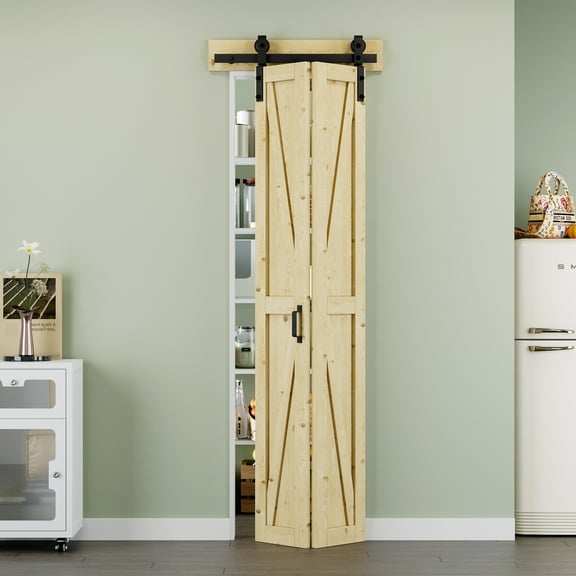 25'' x 84'' Bifold Barn Doors and Hardware Included, Unfinished Natural Pine Wood Pre-assembled Solid Core Panels & Bi-fold Barn Door Hardware Kit, K Frame-Fit Max Opening 24in x 84in