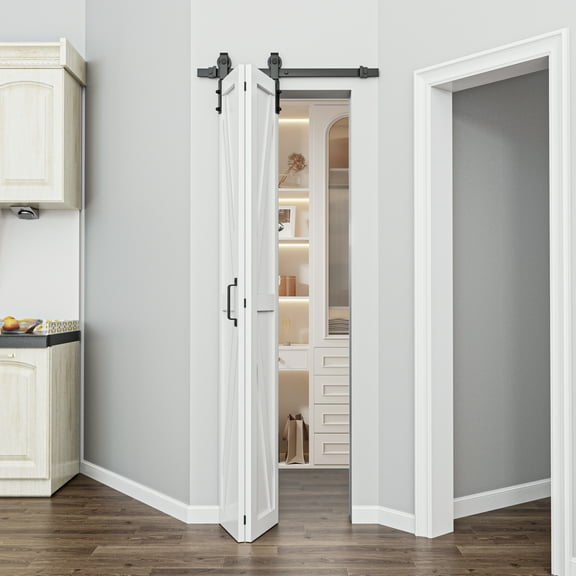 25'' x 84'' Bifold Barn Doors and Hardware Included, White Smooth Paintable Pre-assembled Solid Core Panels & Bi-fold Barn Door Hardware Kit, K Frame-Fit Max Opening 24in x 84in