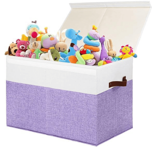 25"x13"x16" Large Toy Box with Lid Foldable Toy Storage Chest Organizer with Dividers Collapsible Storage Bin Basket for Nursery Closet Bedroom Playroom Purple & White
