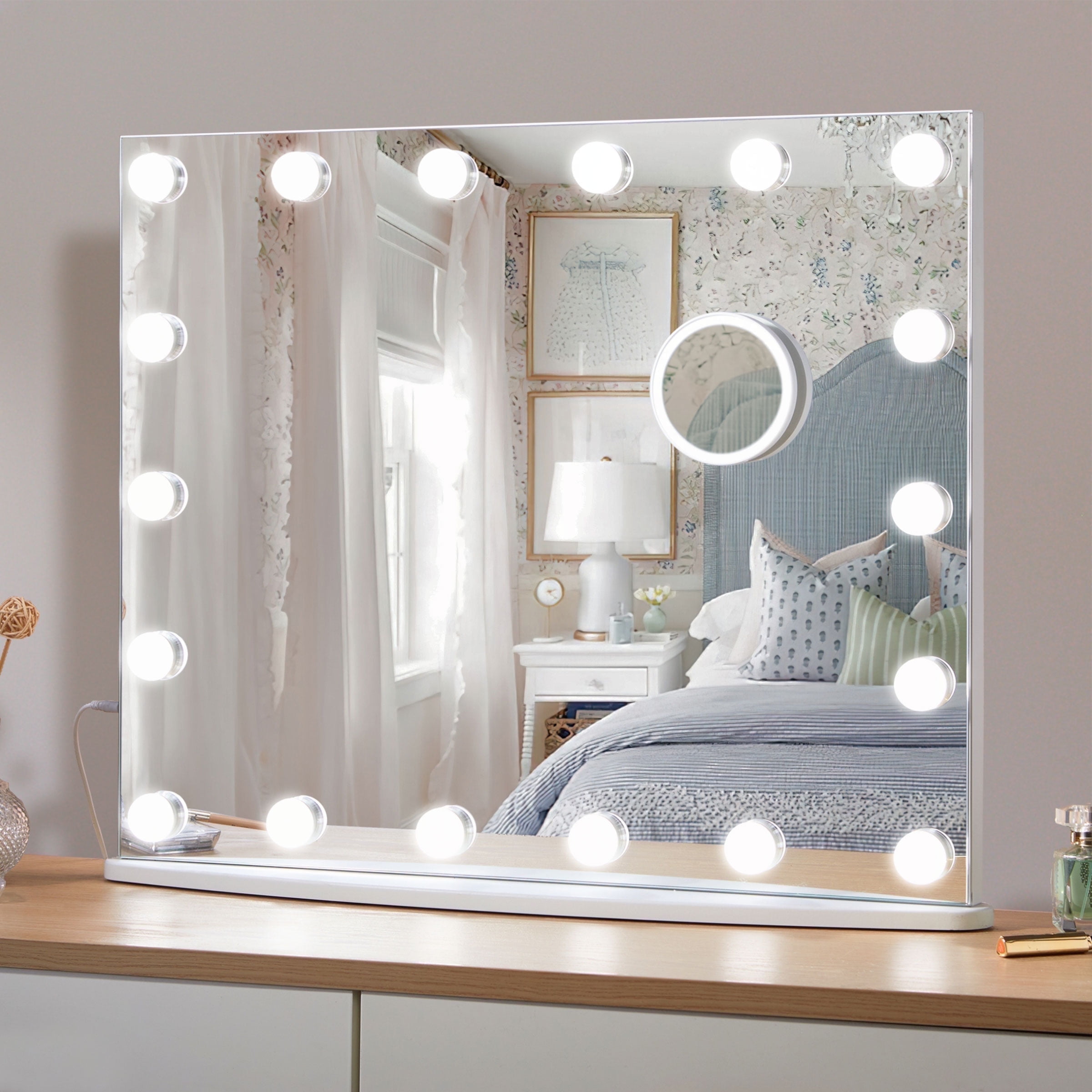25''x21'' Large Hollywood Vanity Mirror with Lights Wall Mount Tabletop MDF White