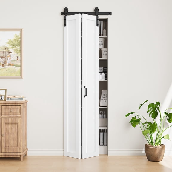 25"x84" No Assembly Panels, Bi-fold Barn Door White Prime Solid Manufactured Wood Interior Closet Doors with Hardware Kit