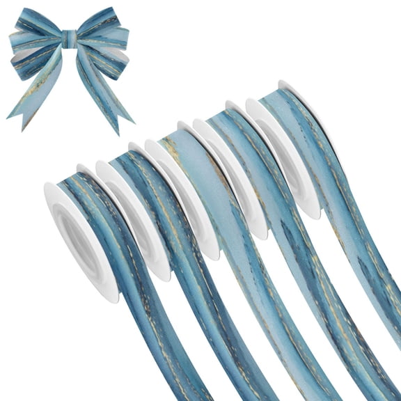 25-yard Christmas-Print Ribbon 5-Roll Pack Gift Wrapping/Holiday Decorations/DIY Crafts Cuttable Recyclable Design Light Blue Gold Marble Pattern
