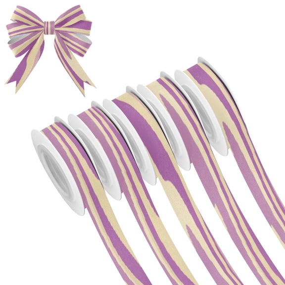 25-yard Christmas-Print Ribbon 5-Roll Pack Gift Wrapping/Holiday Decorations/DIY Crafts Cuttable Recyclable Design Light Purple Cream Flowing