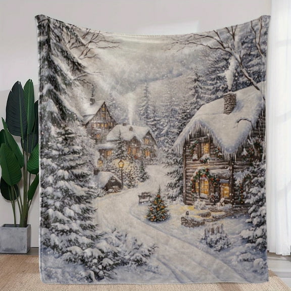 250-300g Soft Flannel Fleece Rustic Winter Woodland Cabin Snow Pine Print Throw Blanket, All-Season Versatile for Sofa, Bed, Car, Office, Camping, Travel