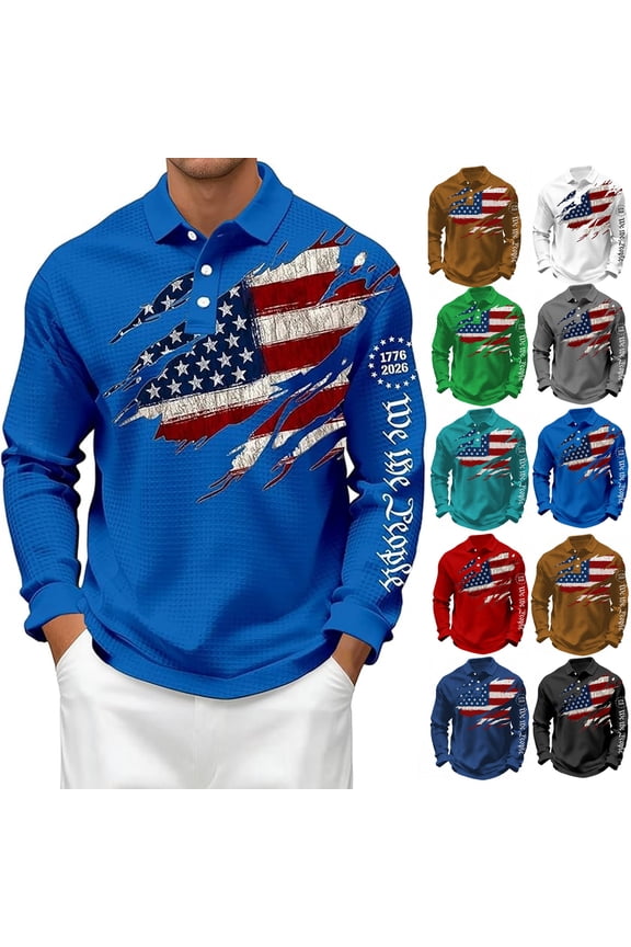 250 American Anniversary Shirt for Men National Flag Print Long Sleeved Polo Shirts 250th Anniversary 1776-2026 Casual Polo Shirts Waffle Button Down Patriotic Shirt,Blue L